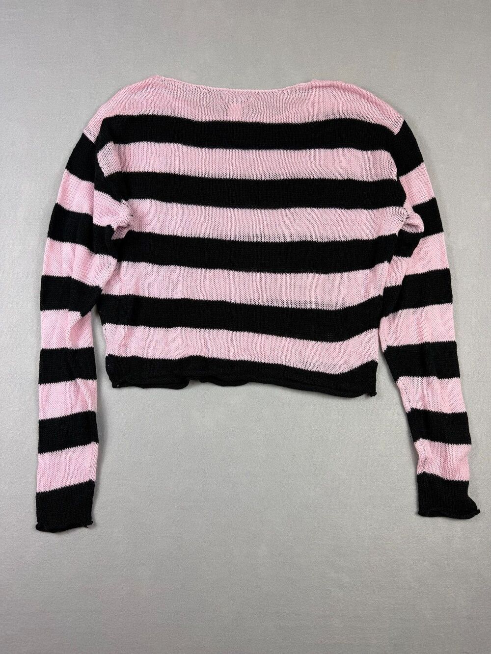 Hot Topic Y2K Pink Black Striped Cropped Mesh Knit Sweater Women's Medium - Picture 3 of 7